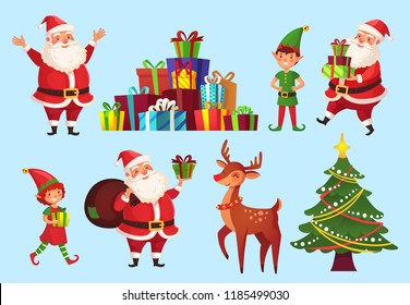 Cartoon christmas characters. Xmas tree with Santa Claus gifts, Santas helpers elves and winter holidays deer noel companion, 2019 celebration vector character isolated icons set