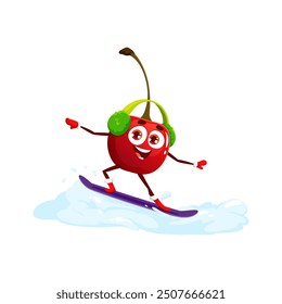 Cartoon Christmas cherry berry character joyfully snowboards down snowy slopes. Isolated vector funny fruity personage adorned in earflaps, spreading fruity cheer with each downhill adventure