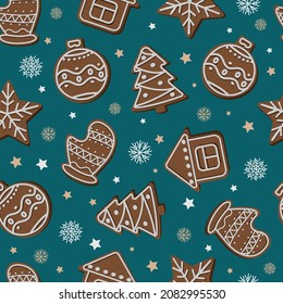 Cartoon Christmas chocolate cookies, gold and white stars and snowflakes isolated on dark emerald background. Vector seamless pattern.