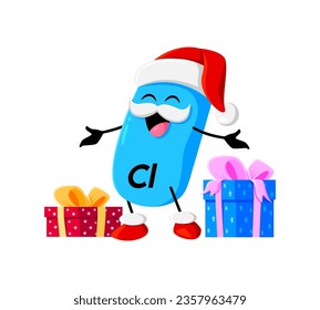 Cartoon Christmas Cl micronutrient character wearing Santa hat with festive gift boxes. Isolated vector Chlorine blue capsule Noel personage spreading holiday cheer with its cheerful happy smile