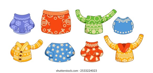 Cartoon Christmas Clothes Showing Bright Winter Wear In Colorful Patterns And Designs Capturing A Festive Spirit