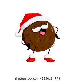 Cartoon Christmas coconut nut character wear Santa Claus hat. Isolated vector festive and merry tropical plant father Noel personage laugh with arms akimbo. Cheerful comic coco nut saint Nicholas