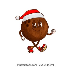 Cartoon Christmas coconut nut groovy character in Santa hat, exuding confidence and joy as it walks with lively expression and festive attire, captures Xmas holiday fun and spirit of celebrations