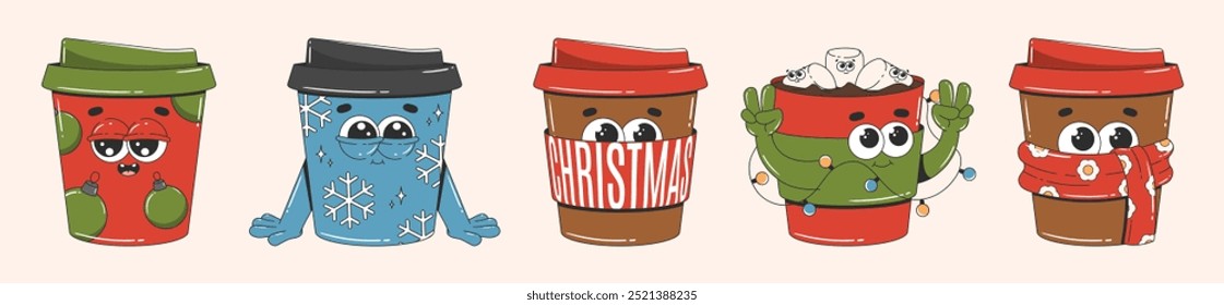 Cartoon Christmas coffee characters. A set of cute mascots for cafe, bakery, restaurant. Retro groovy style vector illustration