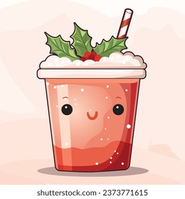 Cartoon Christmas coffee cup and whip cream. Vector kawaii cacao cup with marshmallow. Mug for Xmas, New year or winter holidays. Christmas Сlipart for stickers planner, scrapbooking, card, design