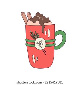 Cartoon Christmas coffee mug. Cute Xmas beverage. Vector illustration of red cup of hot drink, beverage, cocoa, chocolate with whipped cream, cinnamon sticks, topping, decorated with coniferous twigs
