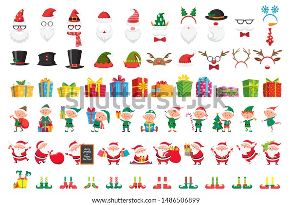 Cartoon\
christmas collection. Xmas hats and New Year gifts. Santa Claus and\
elves helpers characters. Santas character mask, gift box, elfs\
legs and reindeer hat. Isolated vector icons\
set
