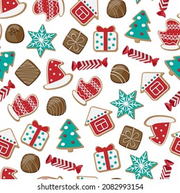 Cartoon Christmas cookies and chocolate candies isolated on white background. Seamless pattern. Vector colorful illustration.