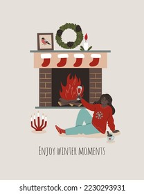 Cartoon Christmas cozy interior with fireplace, wreath, candle. Celebrating black afro woman. Concept of winter illustration and New Year