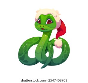 Cartoon Christmas cute green snake animal character with large brown eyes, wearing a red Santa Claus hat. Isolated vector reptile symbol of 2025 Chinese Lunar Year, radiating festive joy and tradition