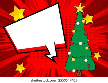 Cartoon Christmas decorated pine tree with blank speech bubble, comic book Celebration background. Retro vector comics pop art design.