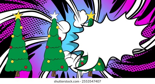 Cartoon Christmas decorated pine tree with blank speech bubble, comic book Celebration background. Retro vector comics pop art design.