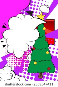 Cartoon Christmas decorated pine tree with blank speech bubble, comic book Celebration background. Retro vector comics pop art design.