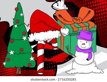 Navidades de dibujos animados decorado árbol de pino, muñeco de nieve, caja de regalo, caña de caramelo, sombrero de Santa, cómic Festiva. Diseño de arte pop de cómics de Vector retro.