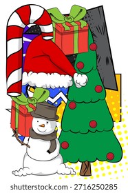 Cartoon Christmas decorated pine tree, Snowman, Gift Box, Candy cane, Santa Hat, comic book Holiday. Retro vector comics pop art design.