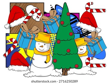 Navidades de dibujos animados decorado árbol de pino, muñeco de nieve, caja de regalo, caña de caramelo, sombrero de Santa, cómic Festiva. Diseño de arte pop de cómics de Vector retro.