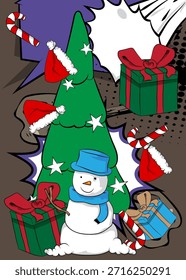 Cartoon Christmas decorated pine tree, Snowman, Gift Box, Candy cane, Santa Hat, comic book Holiday. Retro vector comics pop art design.