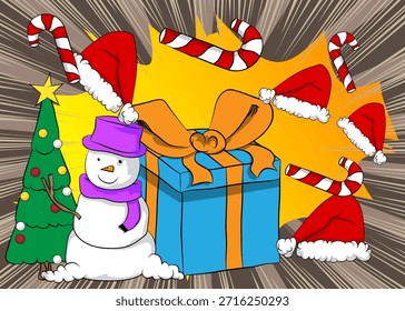 Navidades de dibujos animados decorado árbol de pino, muñeco de nieve, caja de regalo, caña de caramelo, sombrero de Santa, cómic Festiva. Diseño de arte pop de cómics de Vector retro.