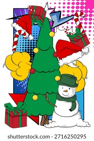 Navidades de dibujos animados decorado árbol de pino, muñeco de nieve, caja de regalo, caña de caramelo, sombrero de Santa, cómic Festiva. Diseño de arte pop de cómics de Vector retro.