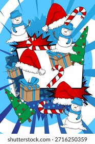 Navidades de dibujos animados decorado árbol de pino, muñeco de nieve, caja de regalo, caña de caramelo, sombrero de Santa, cómic Festiva. Diseño de arte pop de cómics de Vector retro.