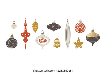  Cartoon Christmas decorations. Balloons, icicles, pinecone, bell, star with hand drawn ornaments.