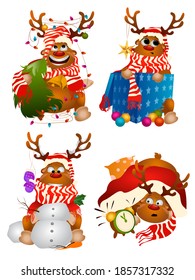 Cartoon Christmas deer. A cute deer entangled in a garland makes a snowman, decorates a Christmas tree, sits in a gift box and lies under a blanket. Deer wishes Merry Christmas. Vector illustration