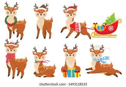 Cartoon christmas deer. Cute fawn in winter scarf, xmas reindeer child and funny deers. 2020 New Year mascot, Santa magic deer character with gifts. Isolated vector illustration icons set