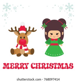 cartoon christmas deer and christmas elf with text