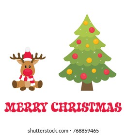 cartoon christmas deer with fir tree and text