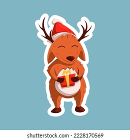 Cartoon Christmas deer with a gift.