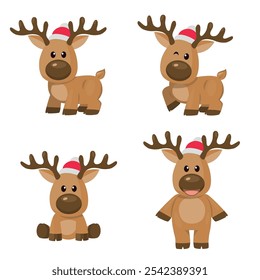 Cartoon Christmas deer in red hat set