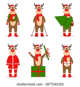 Cartoon christmas deer. Smiling reindeer wearing santa hat scarf illustration. Cute reindeer with different emotions in different Santa Claus hat and scarf. Vector illustration
