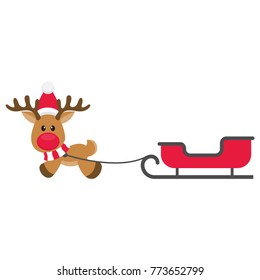 cartoon christmas deer vector with sleigh