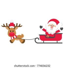 cartoon christmas deer vector with sleigh and santa claus