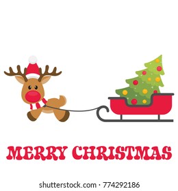 cartoon christmas deer vector with sleigh and fir tree and text