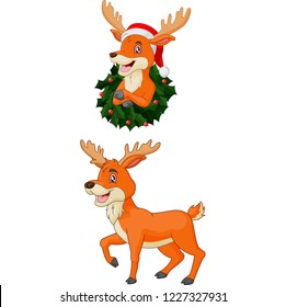 Cartoon christmas deer wearing santa hat
