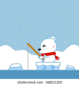 A Cartoon Christmas Design of a polar bear fishing on an ice floe with icebergs in the background
