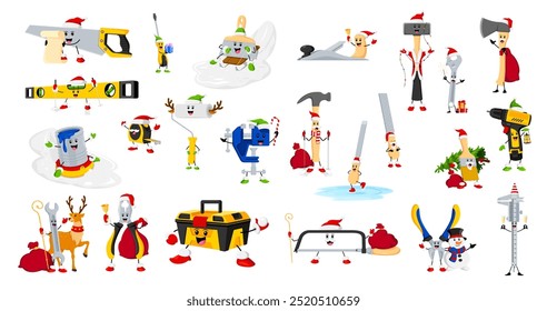 Cartoon Christmas diy and repair tool characters. Funny construction instruments wallpaper roll, axe, drill, file or fretsaw, ruler pliers and planer, vice, trowel, tape measure, hammer or toolbox