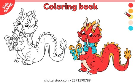 Cartoon Christmas dragon in scarf. Page of coloring book for children with holiday dragon with a gift in paws. Color outline picture. Kids activity. Vector illustration of symbol of the new year.
