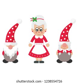 cartoon christmas dwarf boy and girl and winter mrs santa