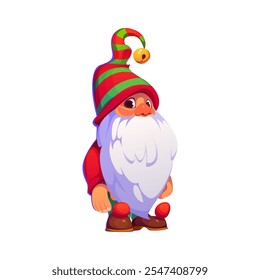 Cartoon Christmas dwarf character in festive red and green attire, with fluffy beard and striped pointy hat, spreading holiday joy and helps Santa Claus with Christmas preparations during magic season