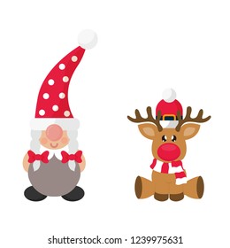 cartoon christmas dwarf girl and сhristmas deer