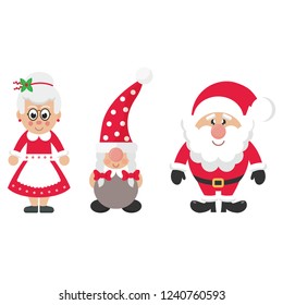 cartoon christmas dwarf girl and cartoon santa claus and cartoon mrs santa