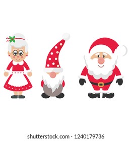 cartoon christmas dwarf and cartoon santa claus and cartoon mrs santa