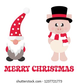 cartoon christmas dwarf and winter pig with scarf in hat and christmas text