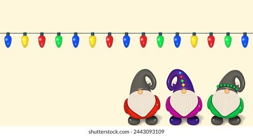 Cartoon christmas dwarfs. Figures of a small bearded gnomes and christmas garland