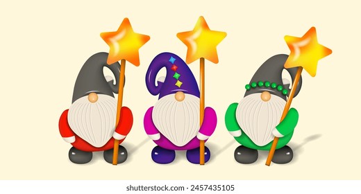 Cartoon christmas dwarfs. Figures of a small bearded gnomes and christmas stars