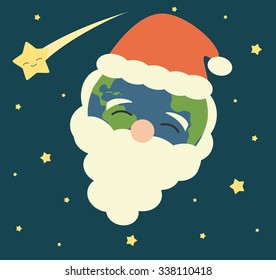 cartoon christmas earth with santa's hat and comet vector holidays illustration