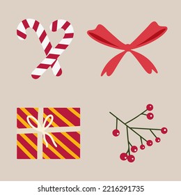 cartoon christmas elements branch with red berries lollipops gift and bow