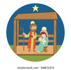 Cartoon Christmas elements. Nativity Scene with the Holy Family.